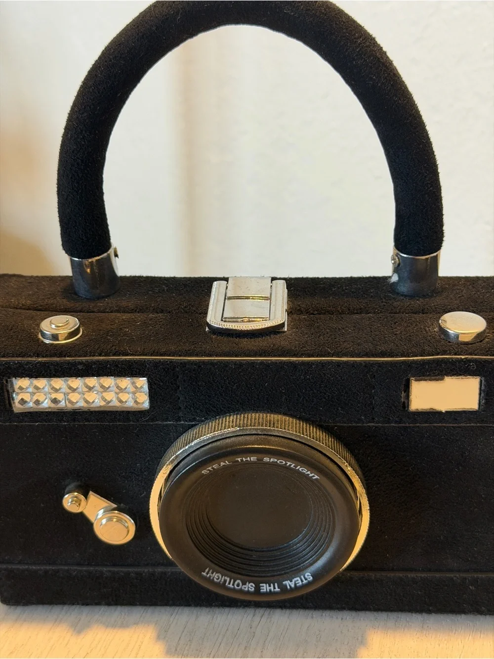 Black Camera-Shaped Crossbody Bag with Removable Strap